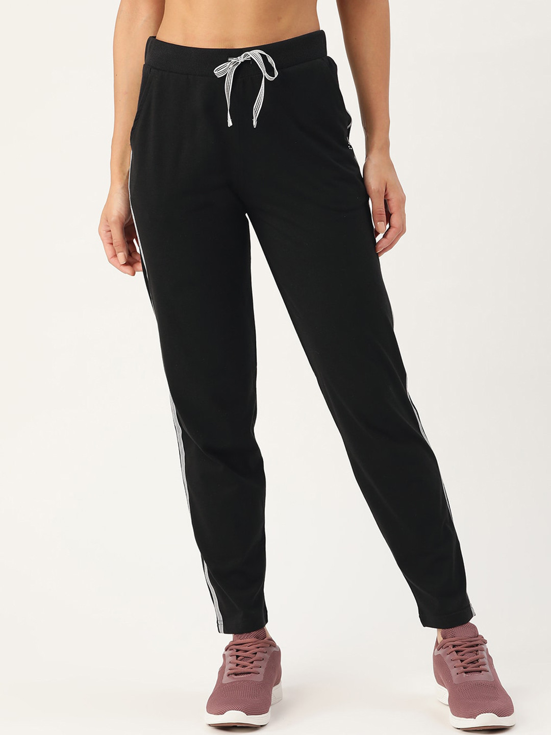 

FEMEA Women Black Solid Side Tape Straight-Fit Track Pants