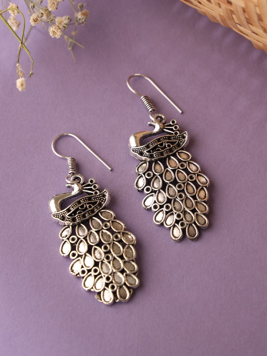 

VIRAASI Silver-Toned Peacock Shaped Drop Earrings