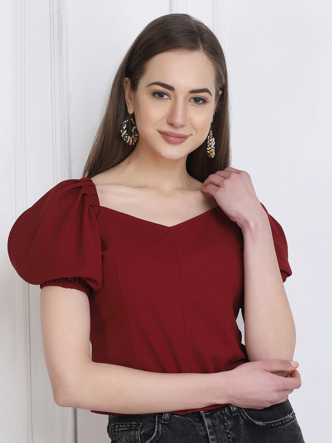 

BUY NEW TREND Maroon V-Neck Puff Sleeves Top