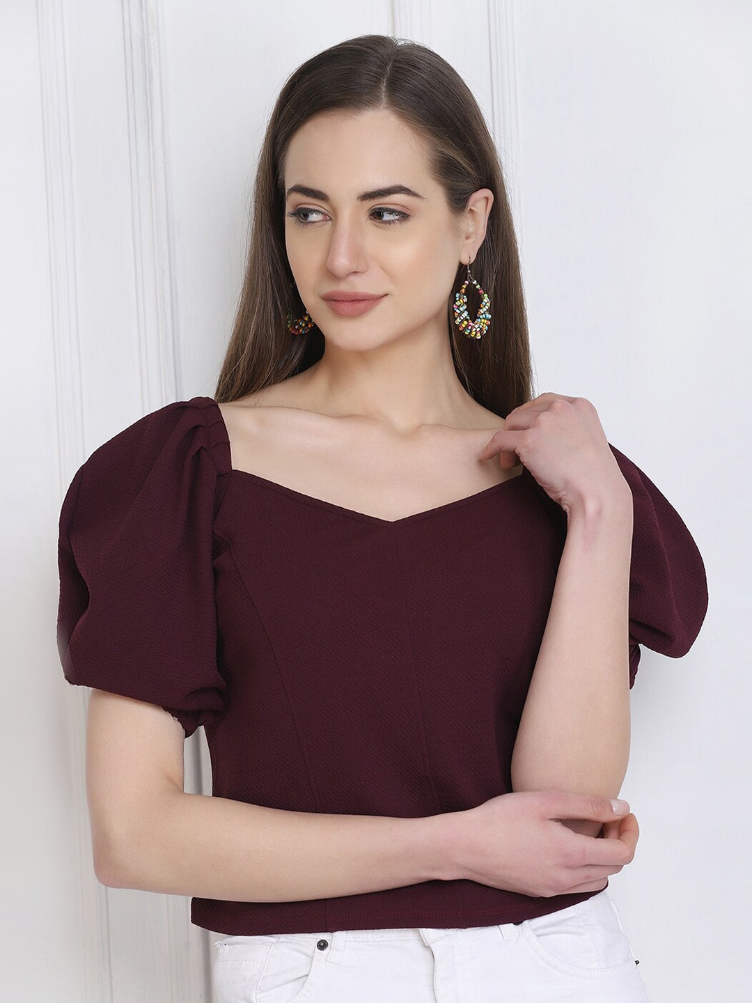 

BUY NEW TREND Brown V-Neck Puff Sleeves Top
