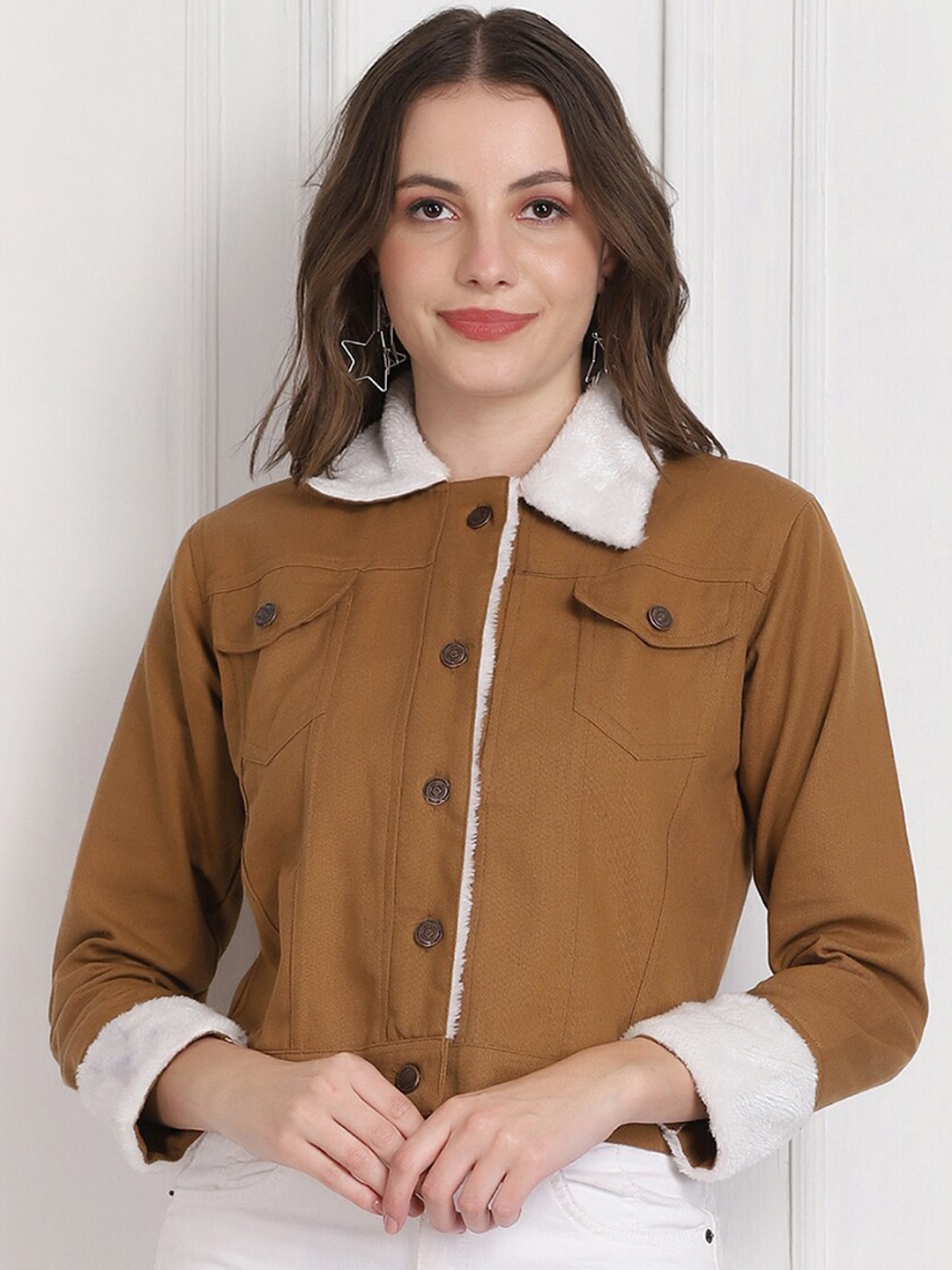 

BUY NEW TREND Women Brown Solid Lightweight Crop Tailored Cotton Jacket