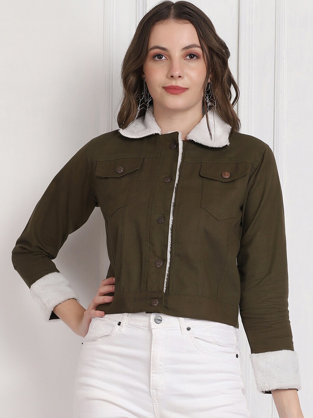 

BUY NEW TREND Women Olive Green & White Lightweight Denim Jacket
