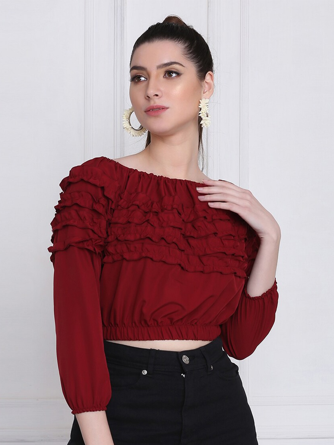 

BUY NEW TREND Women Maroon Solid Ruffles Cotton Crop Top