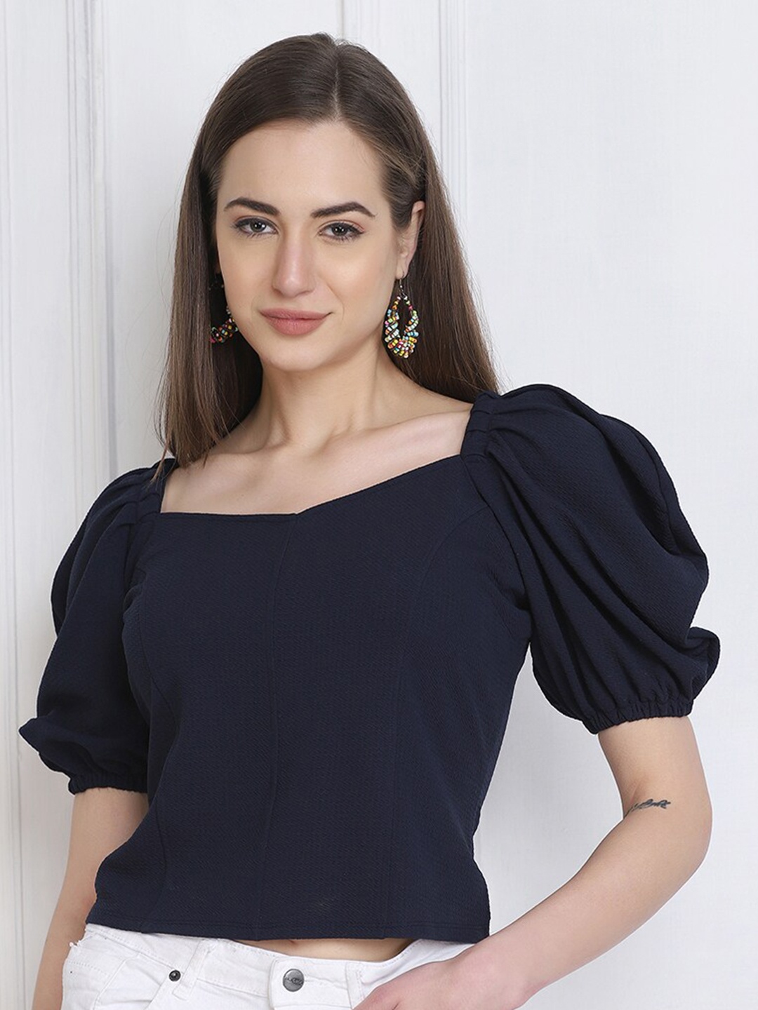

BUY NEW TREND Navy Blue Puff Sleeves Casual Top