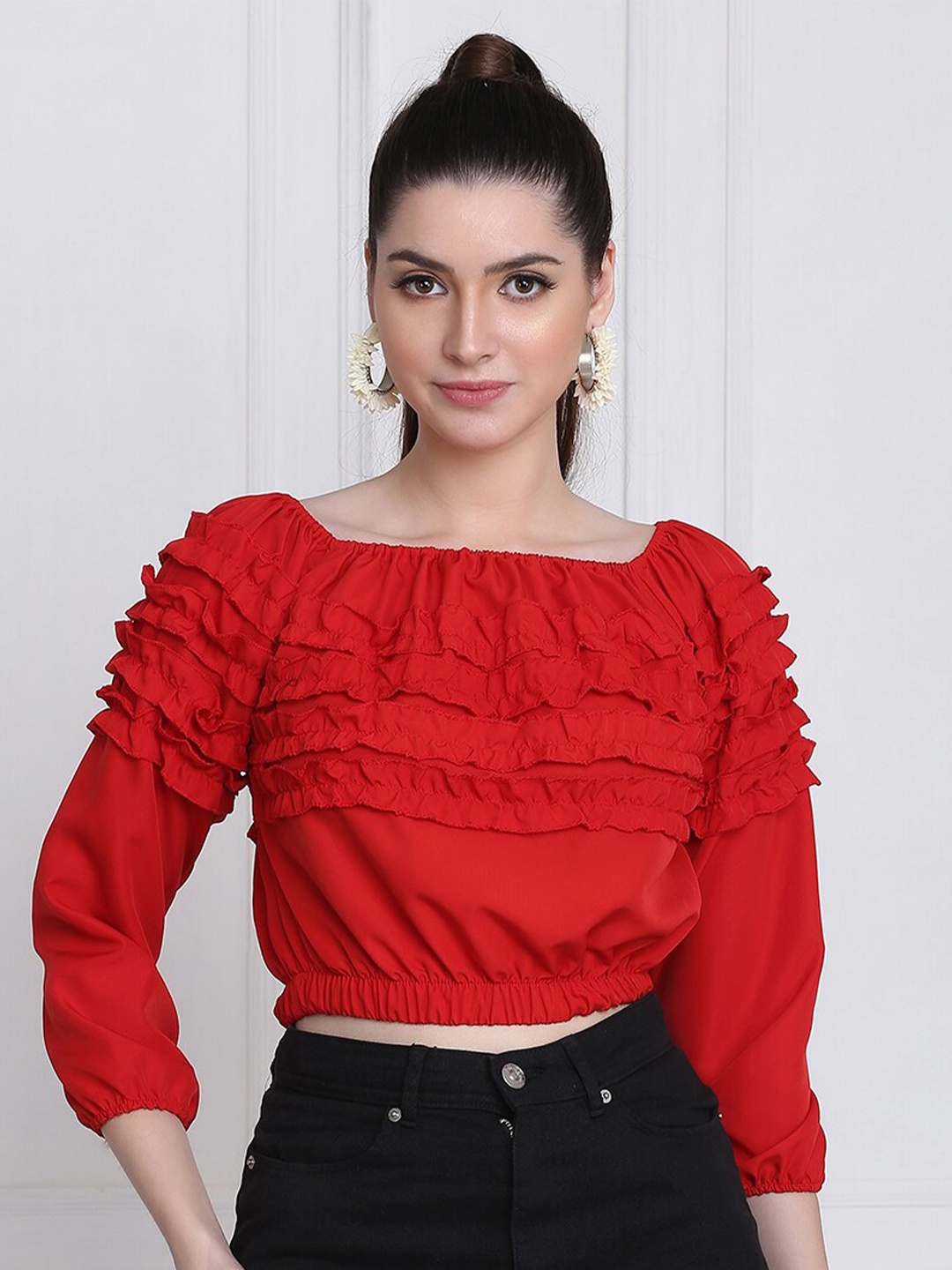 

BUY NEW TREND Women Red Self Design Regular Crop Top