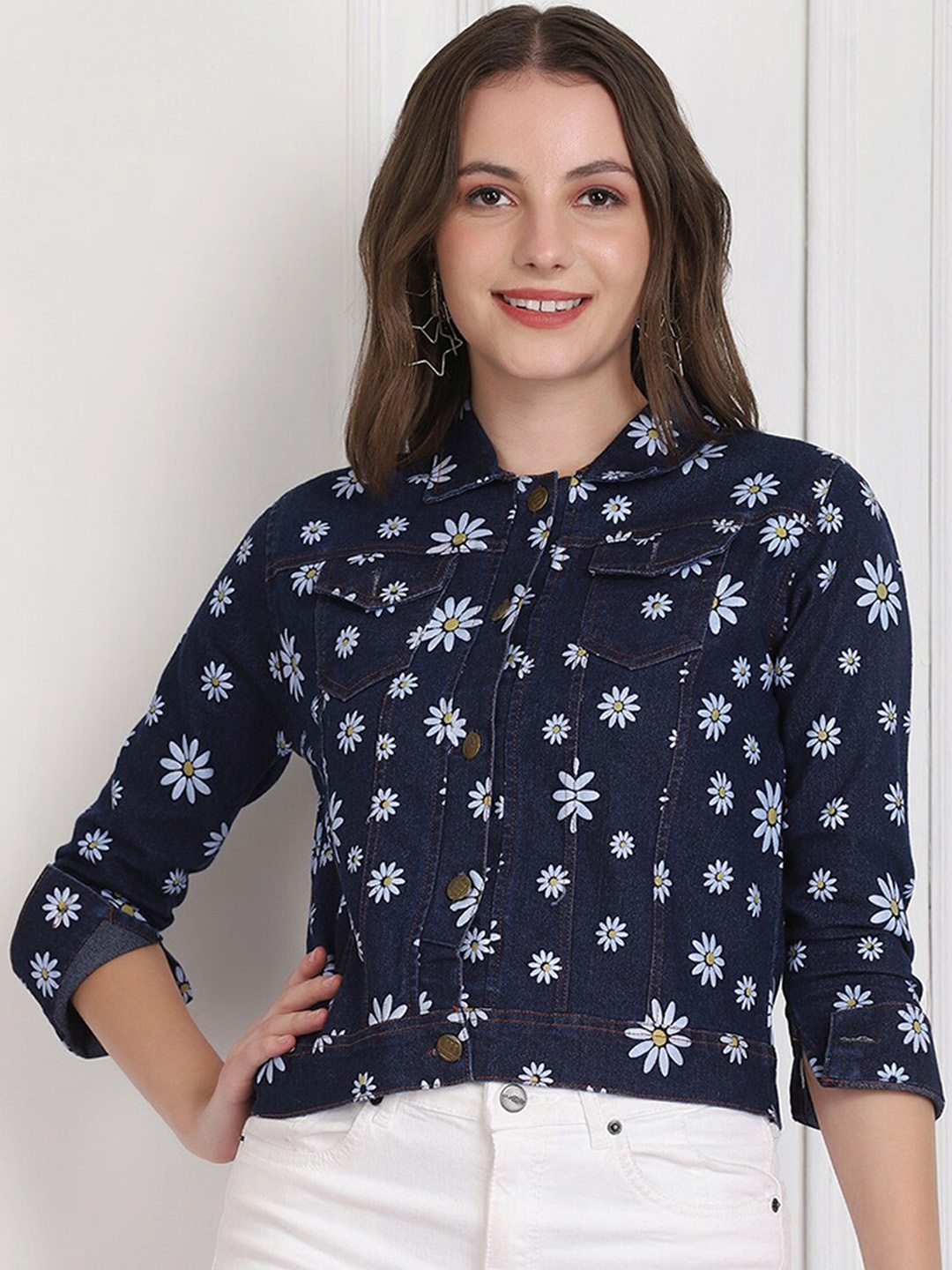

BUY NEW TREND Women Blue Floral Lightweight Cotton Denim Jacket