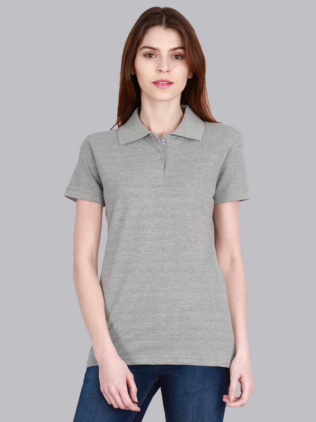 

Fleximaa Women Grey Melange Polo Collar T-shirt