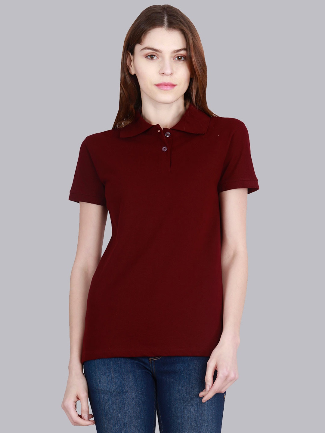 

Fleximaa Women Maroon Solid Polo Collar Cotton T-shirt