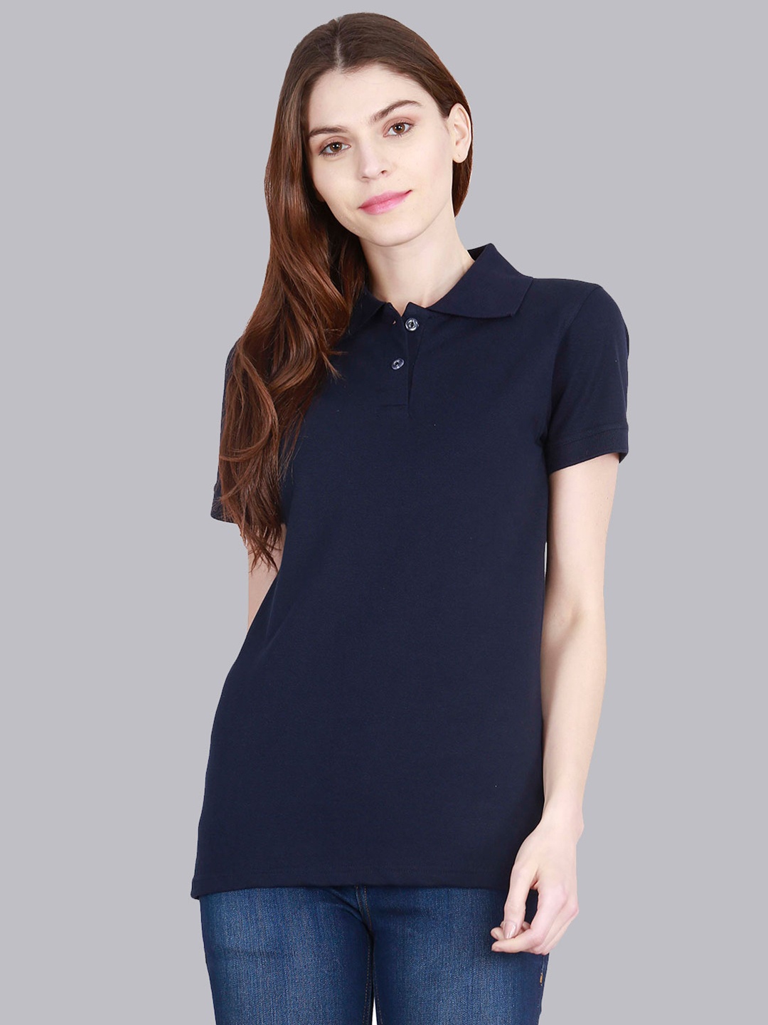 

Fleximaa Women Navy Blue Polo Collar T-shirt