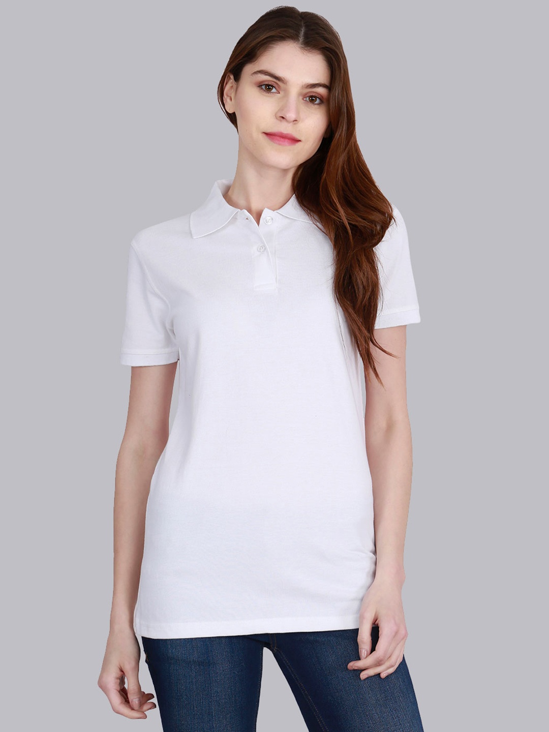 

Fleximaa Women White Polo Collar T-shirt