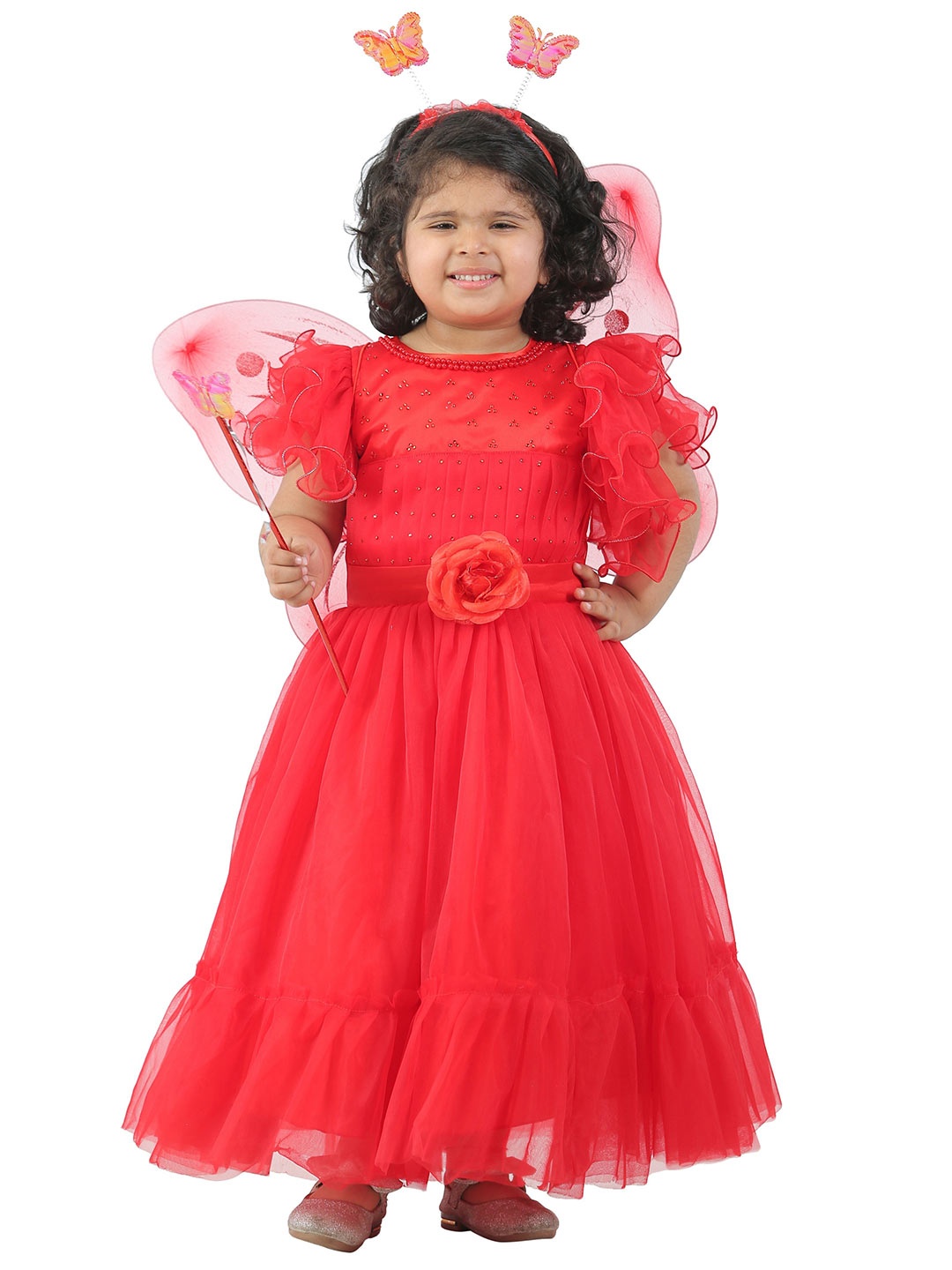 

ahhaaaa Girls Red Embellished Embroidered Angel Pari Cotton Gown Maxi Dress