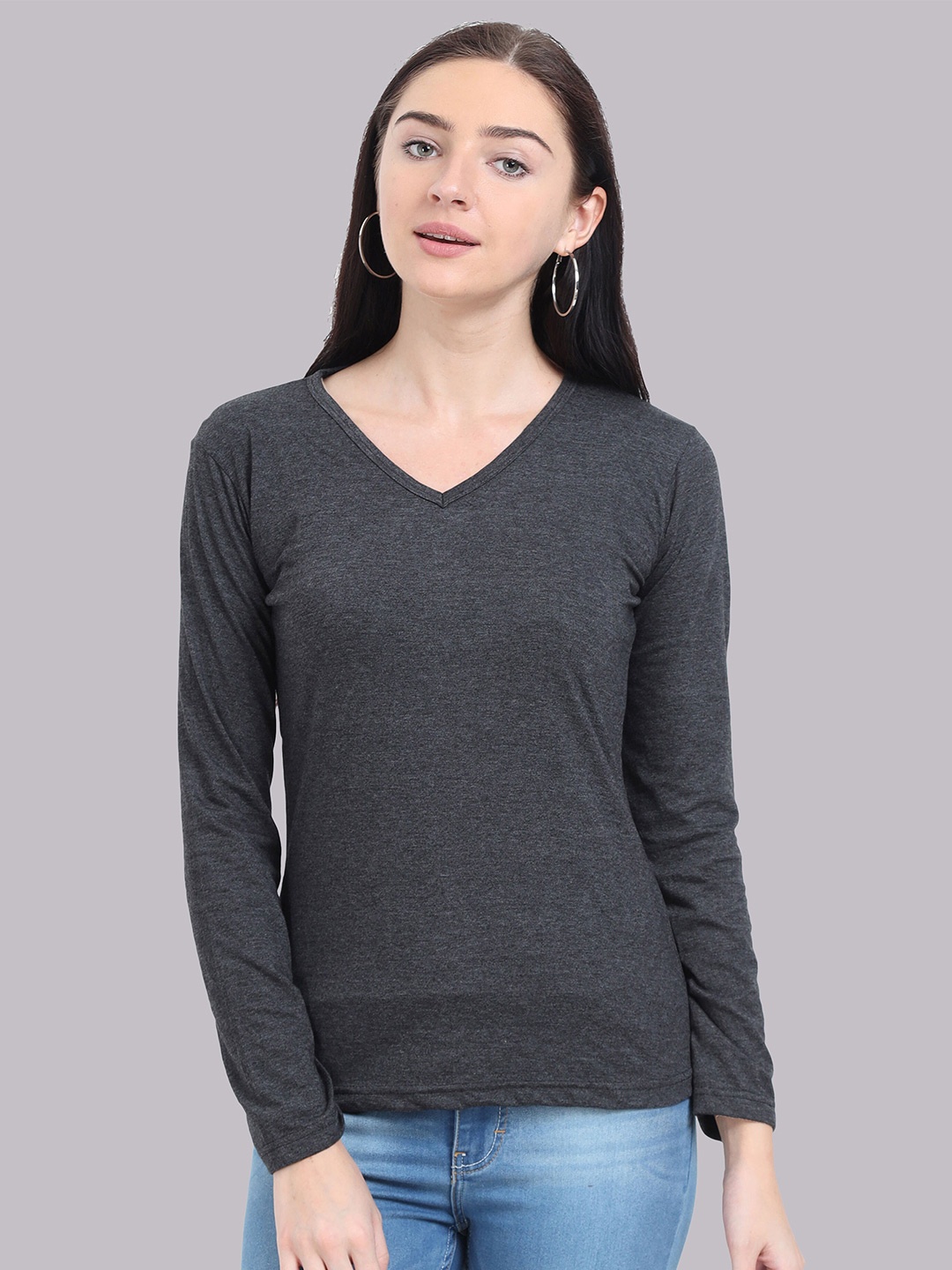 

Fleximaa Women Charcoal Grey Solid V-Neck T-shirt