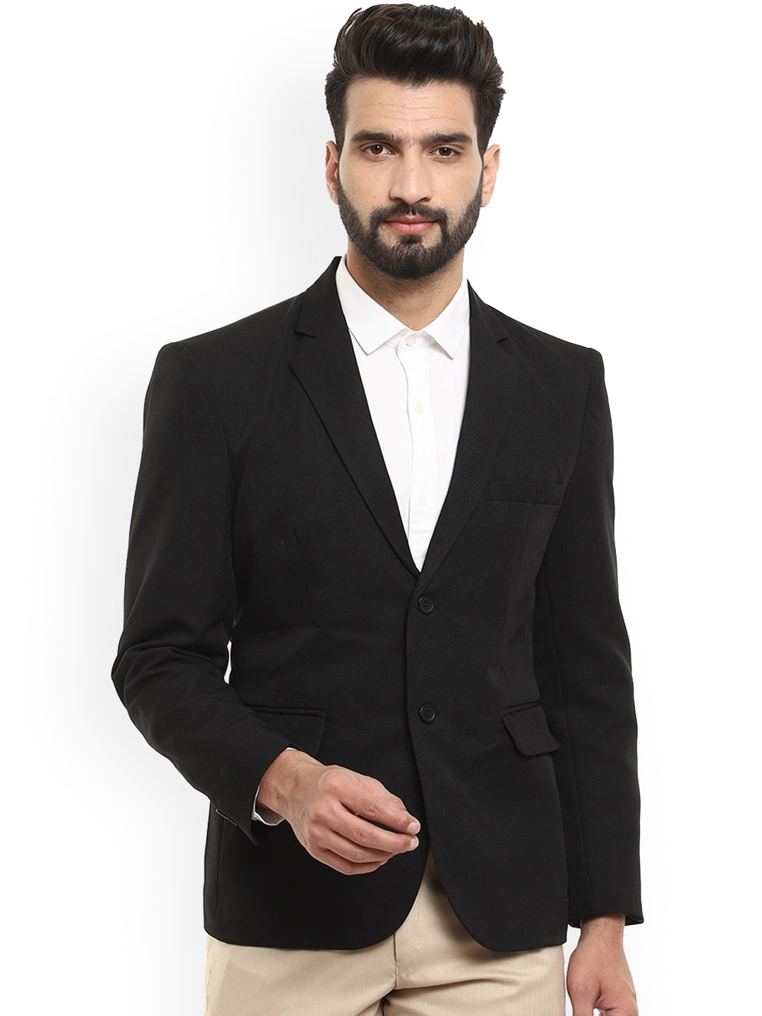 

V-Mart Men Black Solid Pure Cotton Single Breasted Formal Blazer