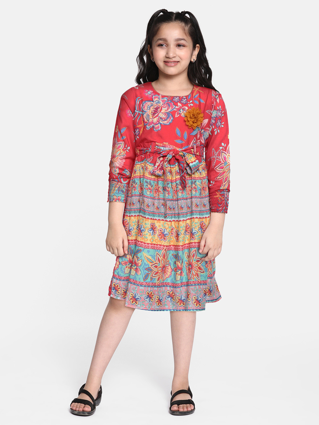 

Bella Moda Red & Blue Pure Cotton Floral Print A-Line Dress with Belt