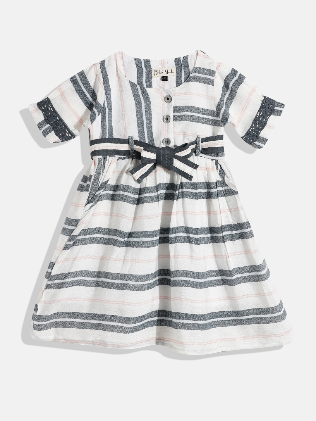 

Bella Moda White & Blue Pure Cotton Striped A-Line Dress