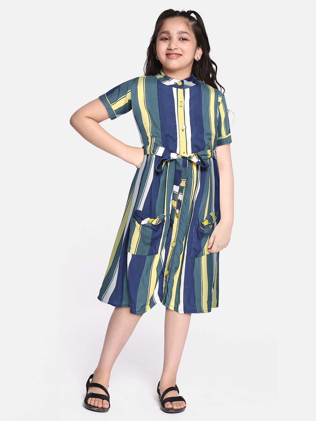 

Bella Moda Girls Navy Blue & White Striped A-Line Dress