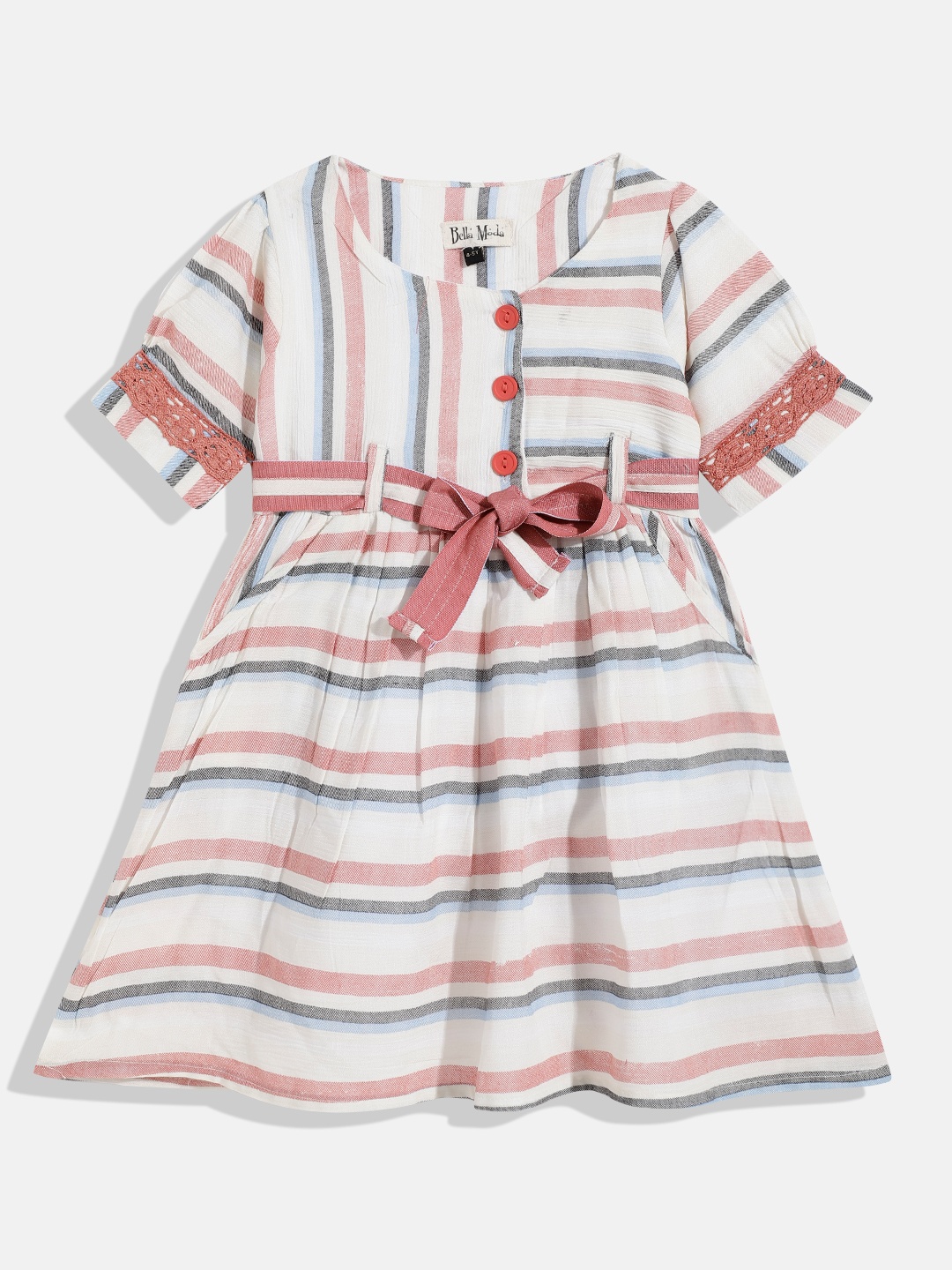 

Bella Moda Off White & Pink Pure Cotton Striped A-Line Dress