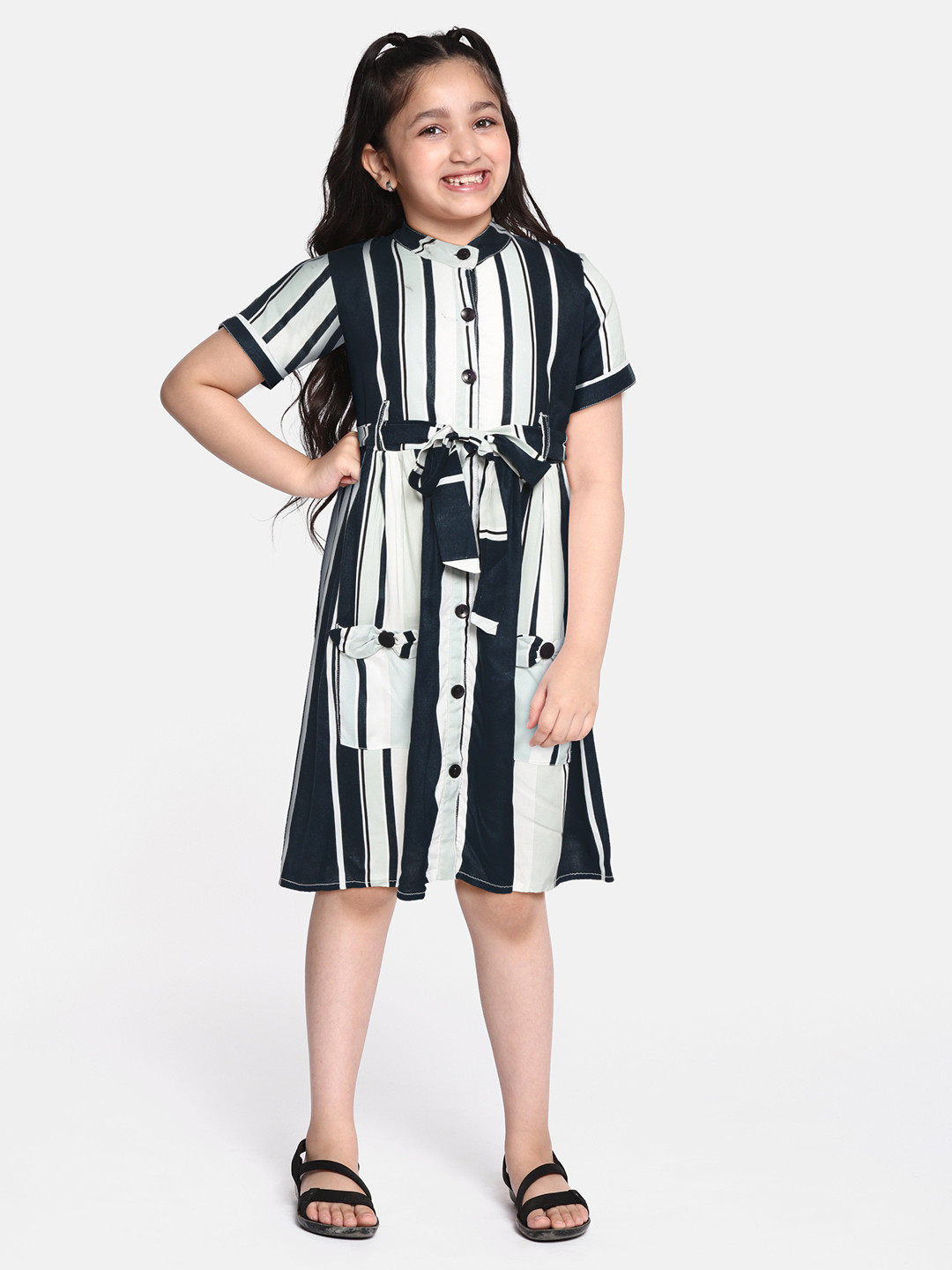 

Bella Moda Navy Blue & Off White Pure Cotton Striped A-Line Dress