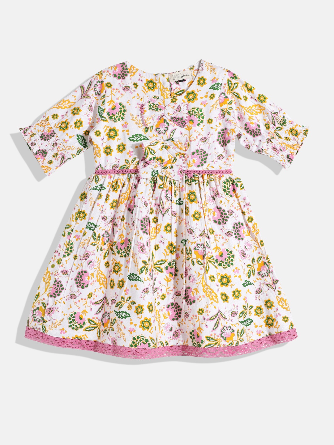 

Bella Moda White & Pink Pure Cotton Floral Print A-Line Dress