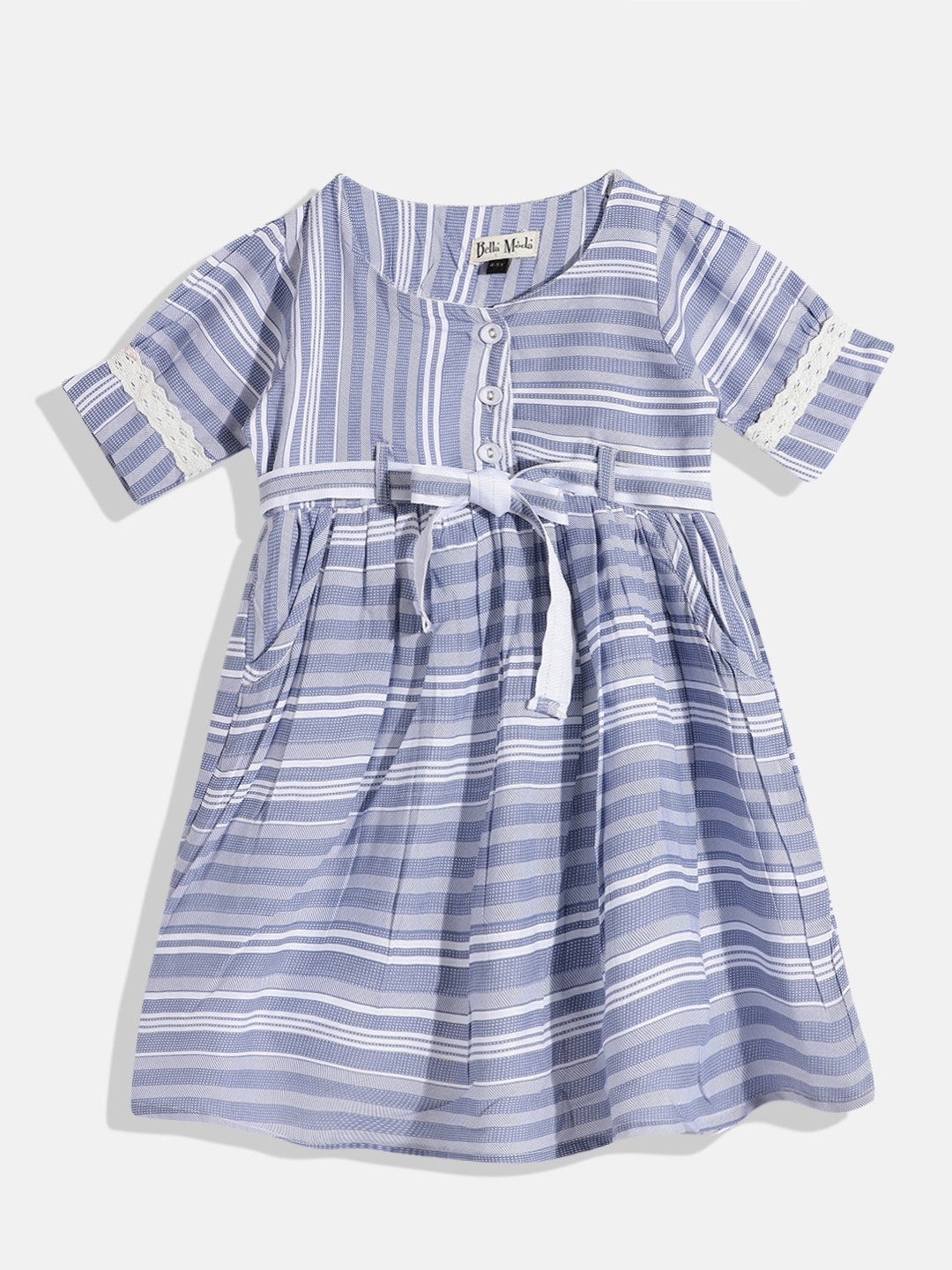 

Bella Moda Blue & Off White Pure Cotton Striped A-Line Dress