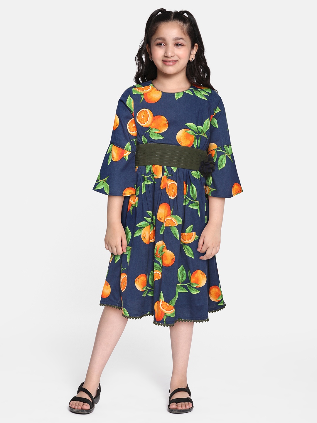 

Bella Moda Girls Blue & Orange Floral A-Line Dress