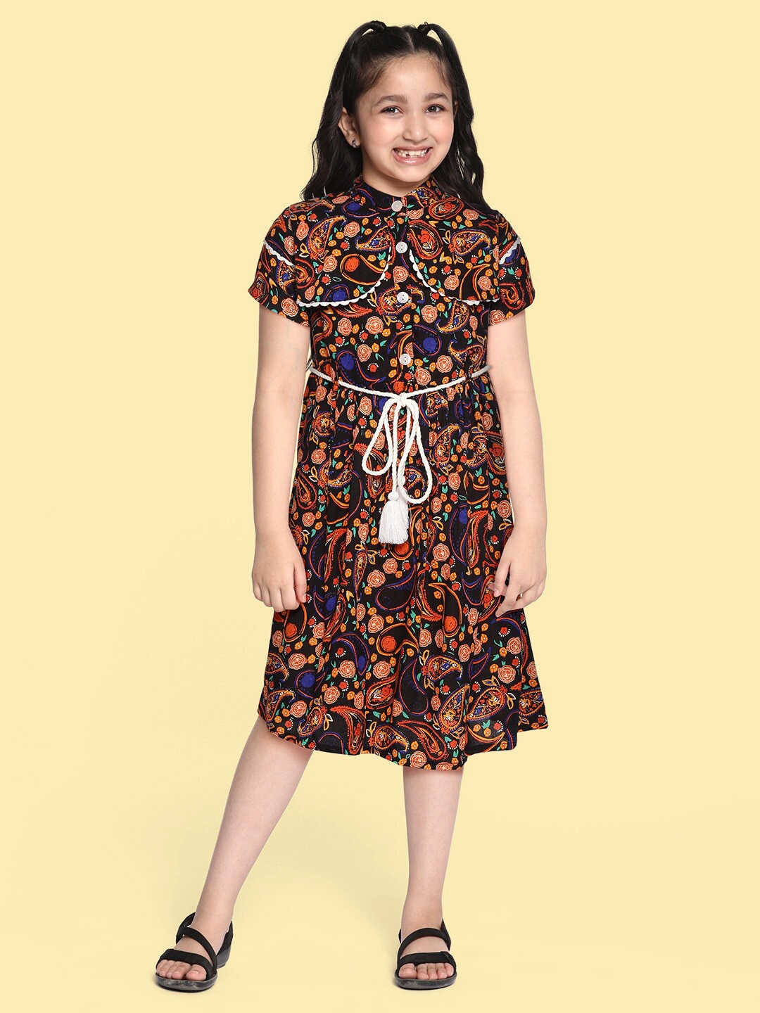 

Bella Moda Girls Orange & Navy Blue Floral A-Line Dress