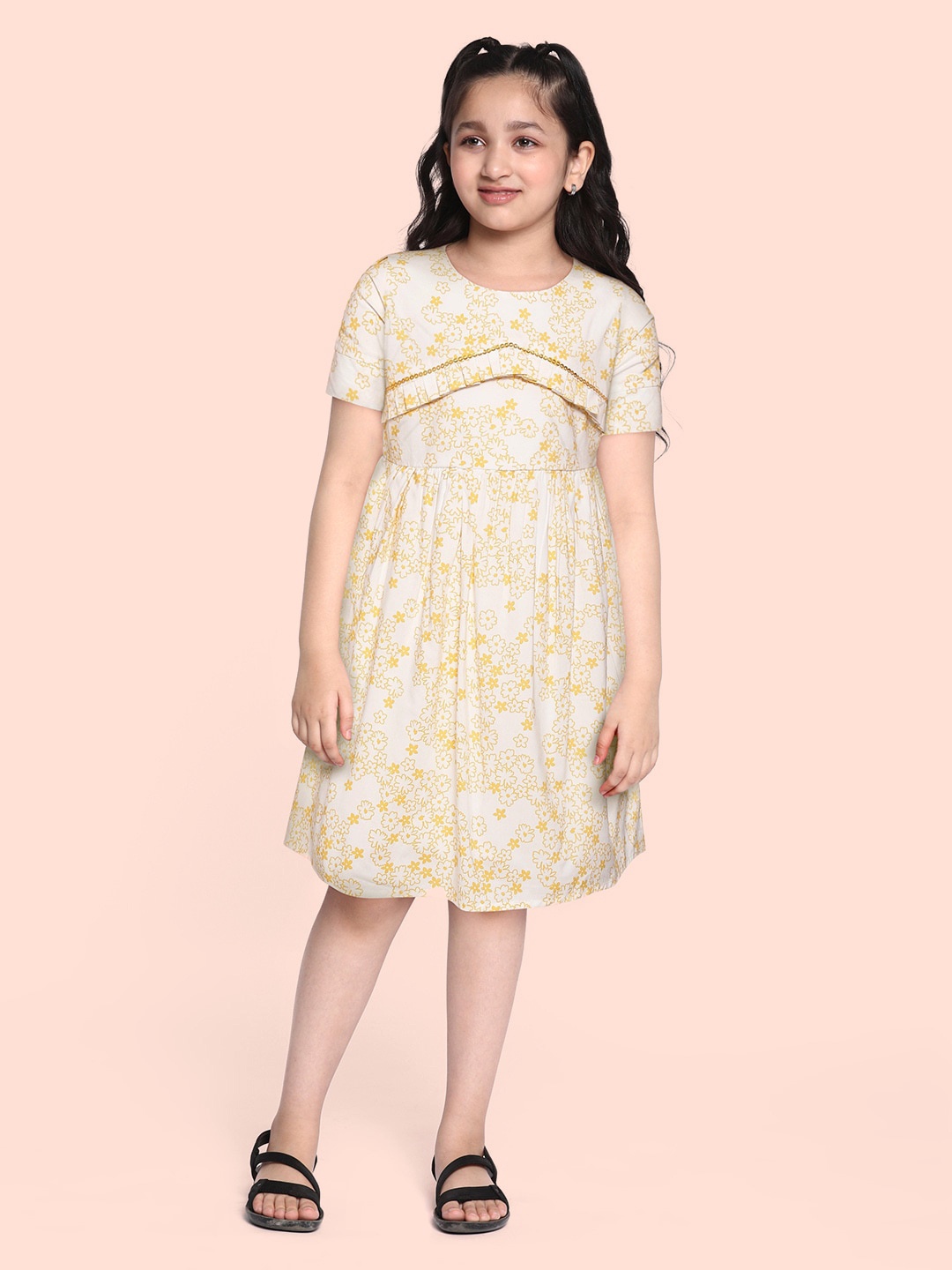 

Bella Moda White & Mustard Yellow Pure Cotton Floral Print A-Line Dress