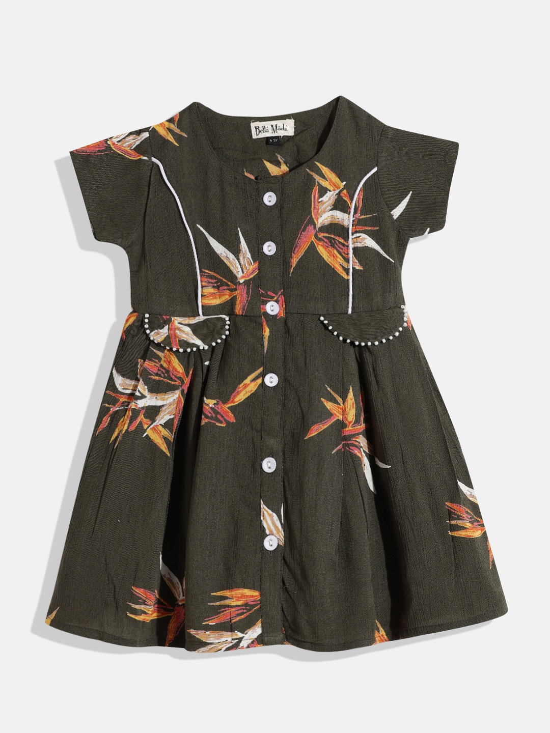 

Bella Moda Olive Green Pure Cotton Floral Print A-Line Dress