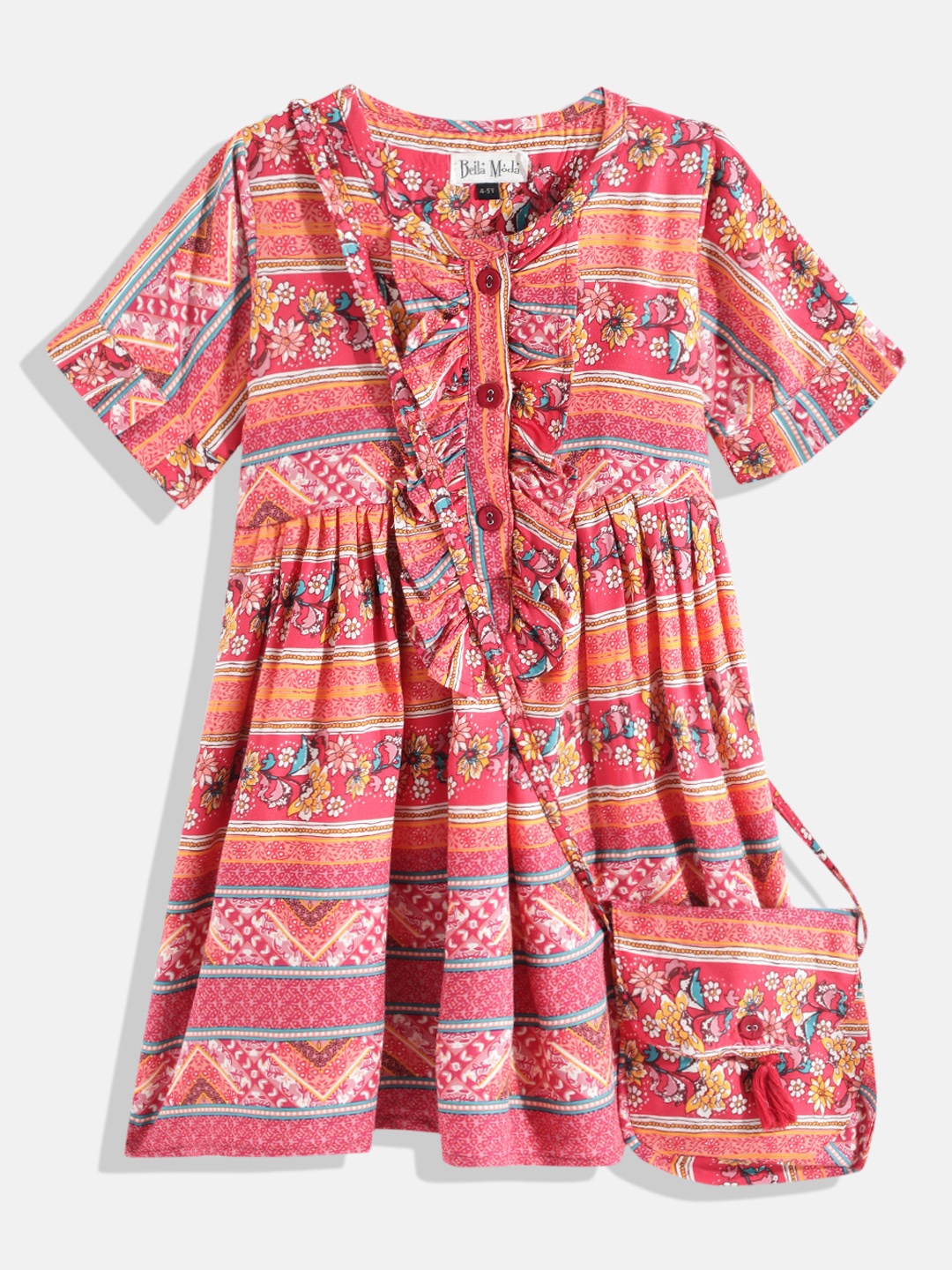 

Bella Moda Girls Red & Green Floral Dress Comes with a Bag