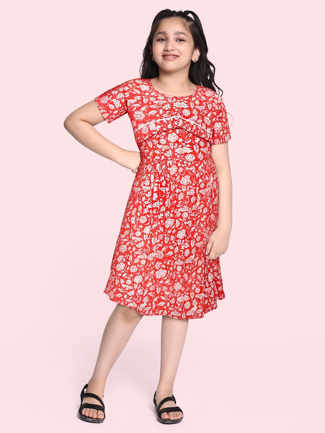 

Bella Moda Girls Red & White Floral A-Line Dress