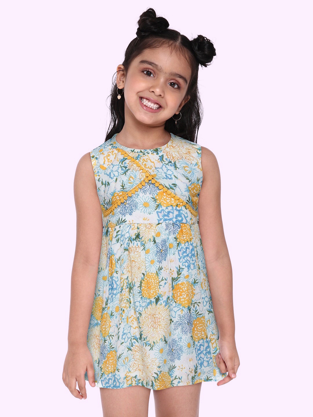 

Bella Moda Blue & Mustard Yellow Pure Cotton Floral Print A-Line Dress with Sling Bag
