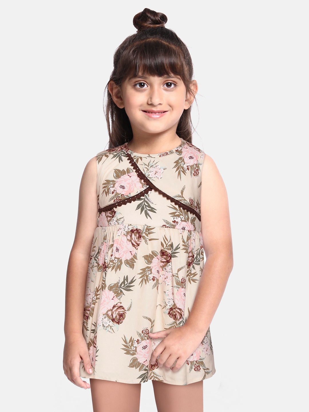 

Bella Moda Off White & Pink Pure Cotton Floral Print A-Line Dress with Sling Bag
