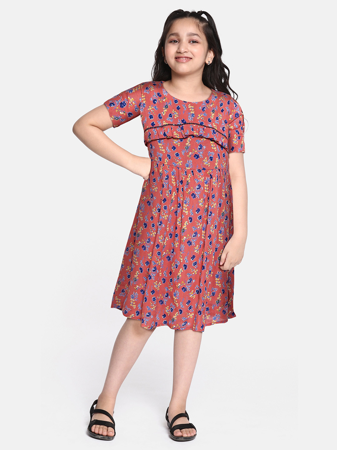 

Bella Moda Peach-Coloured & Blue Pure Cotton Floral Print A-Line Dress