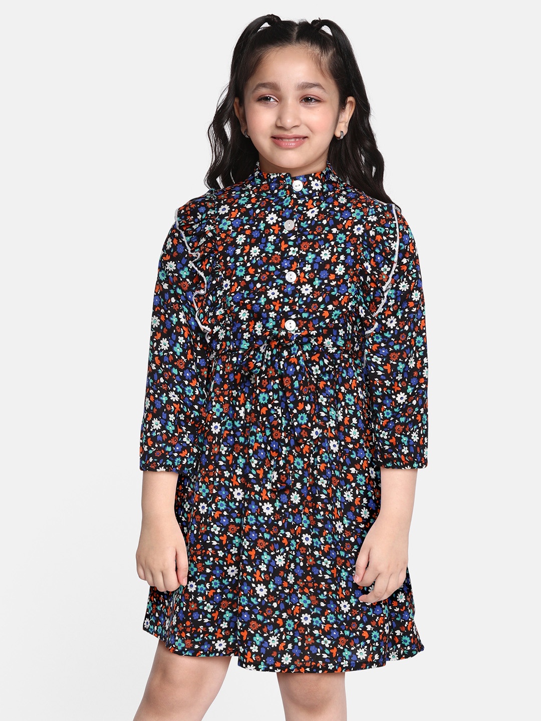 

Bella Moda Black & Blue Pure Cotton Floral Print A-Line Dress