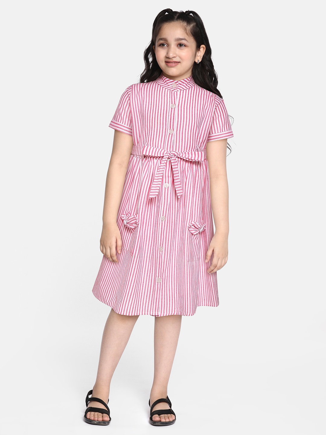 

Bella Moda Pink & Off White Pure Cotton Striped A-Line Dress