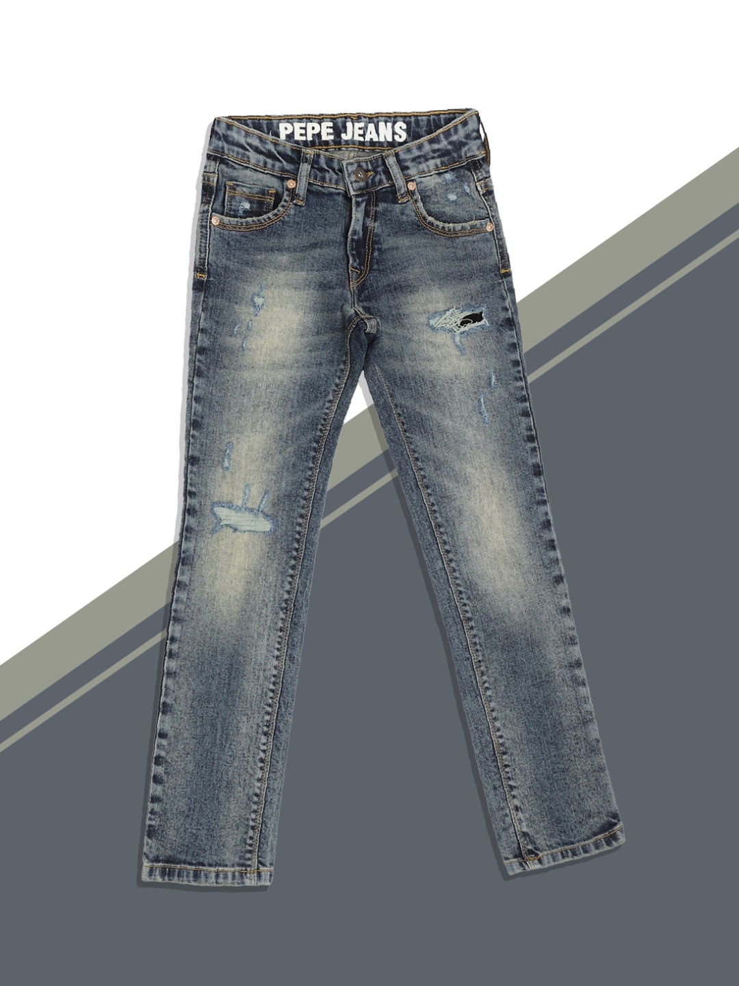 

Pepe Jeans Boys Slim Fit Mildly Distressed Heavy Fade Jeans, Blue