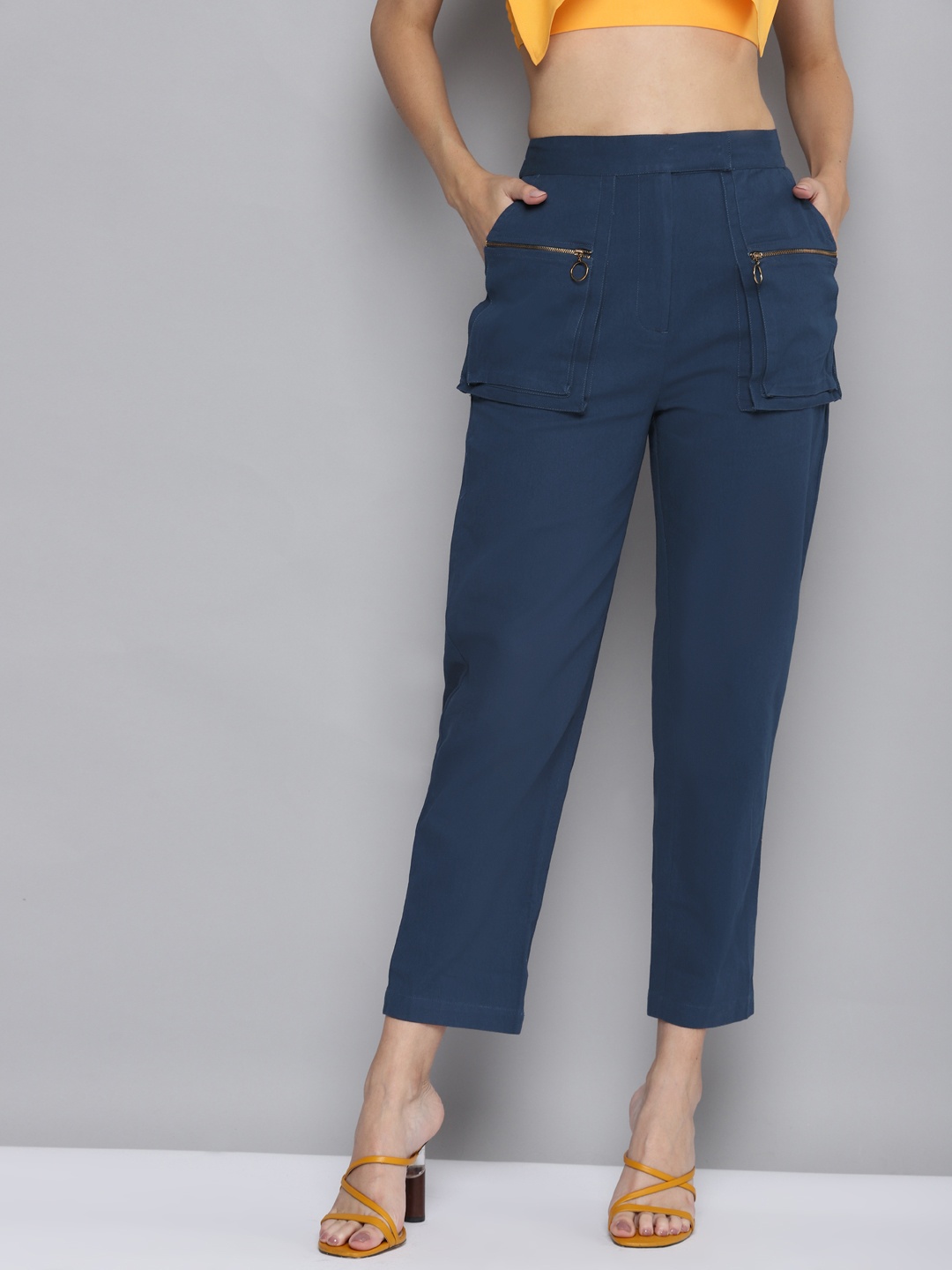 

SASSAFRAS Women Navy Blue High-Rise Easy Wash Cropped Cotton Trousers