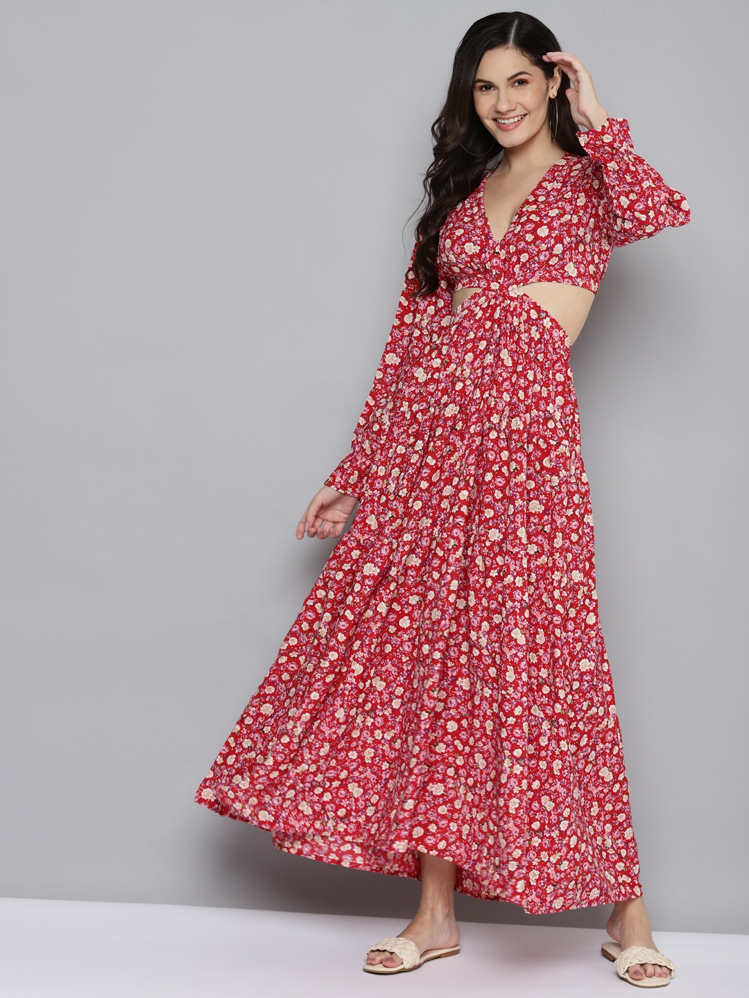 

SASSAFRAS Red & Beige Floral Waist Cut-Out Maxi Dress