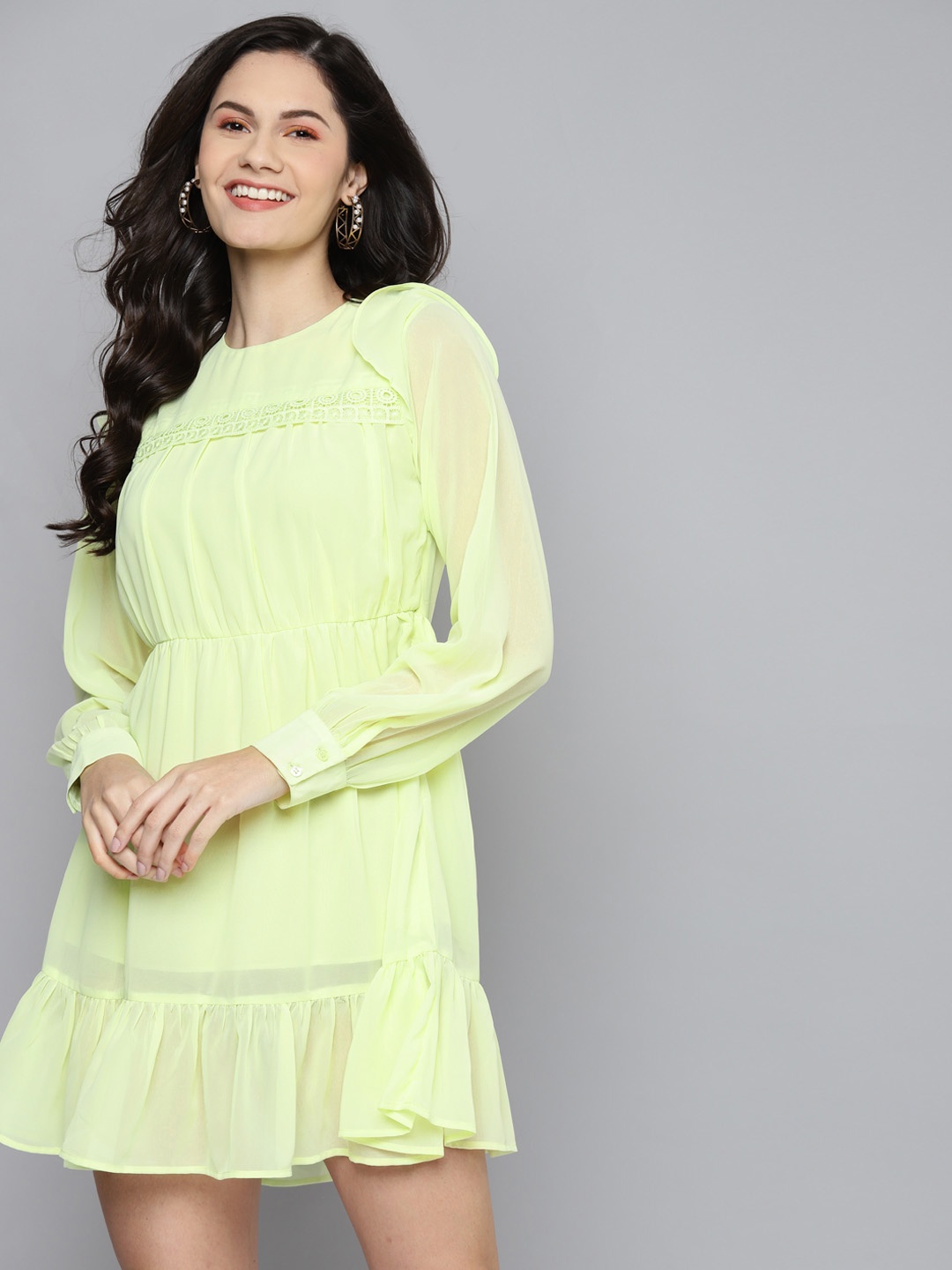 

SASSAFRAS Lime Green Frill Hem Mini Dress