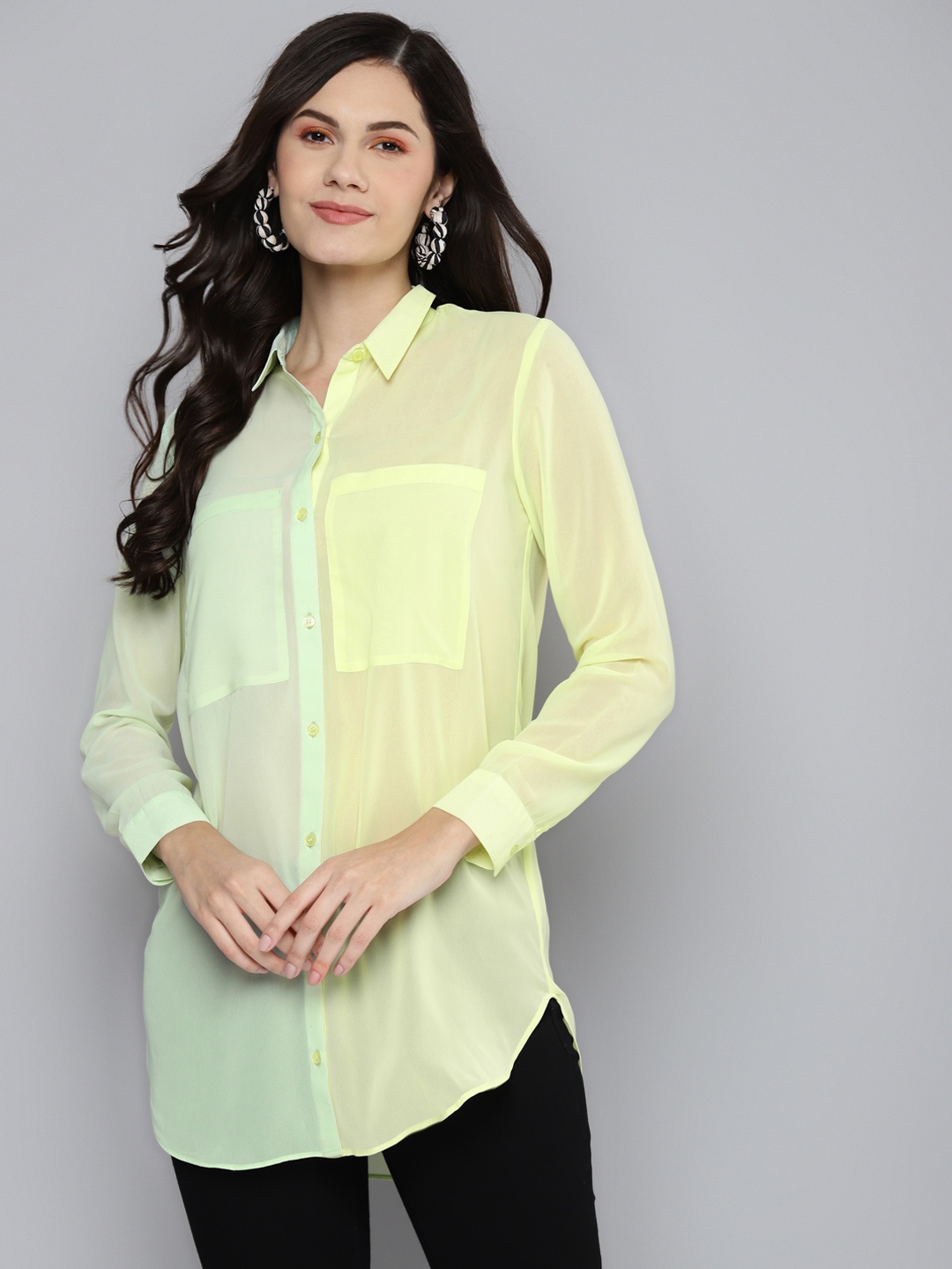 

SASSAFRAS Women Green Semi Sheer Colourblocked Casual Shirt