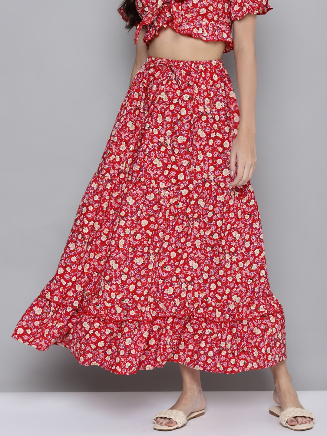 

SASSAFRAS Red & Beige Floral Print Flared Skirt
