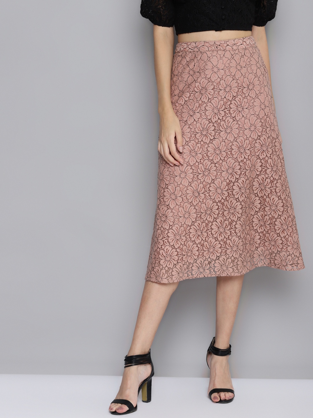 

SASSAFRAS Pink Floral Printed A-Line Midi Skirt, Mauve