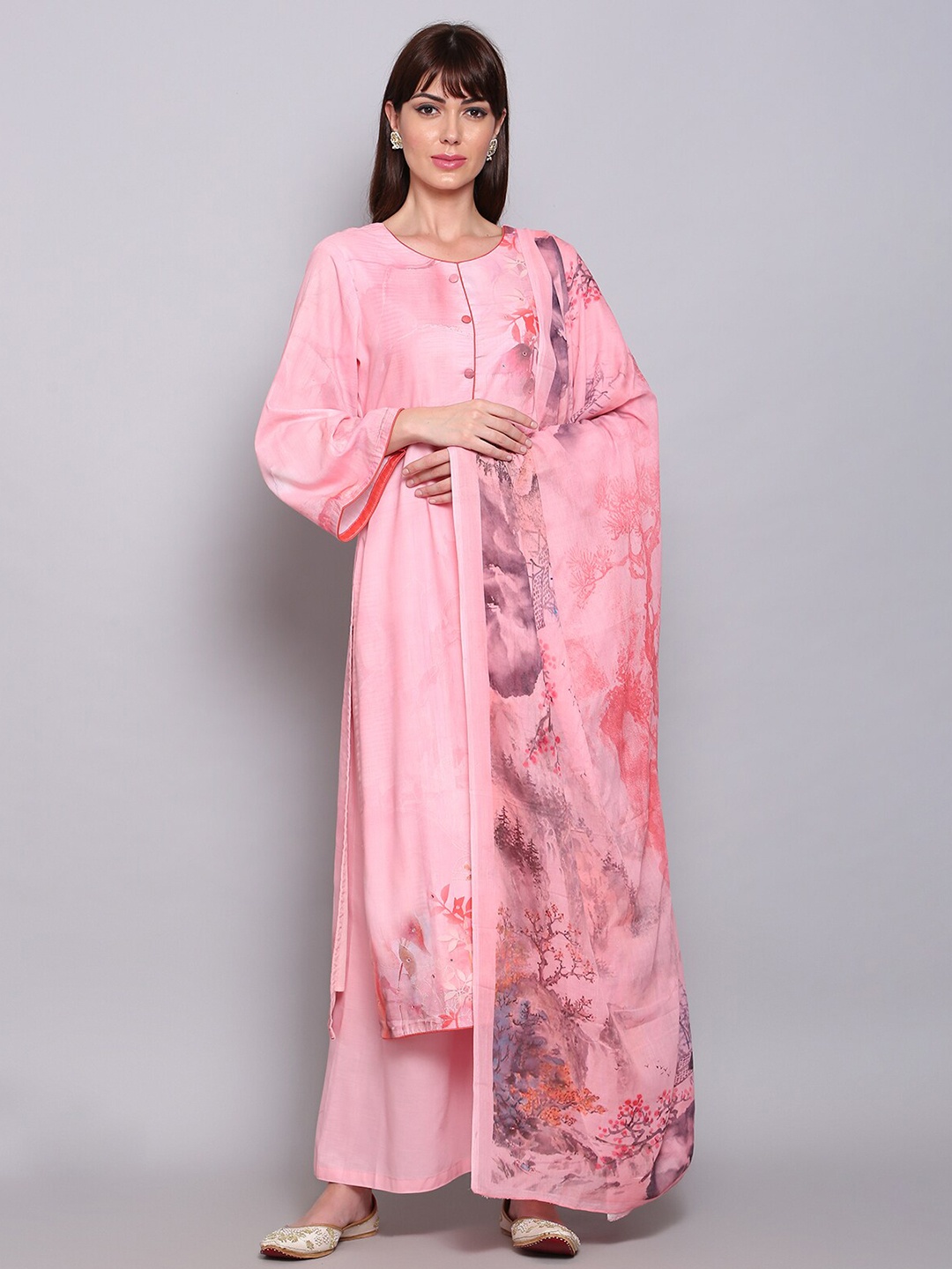 

Stylee LIFESTYLE Pink & Grey Printed Unstitched Dress Material