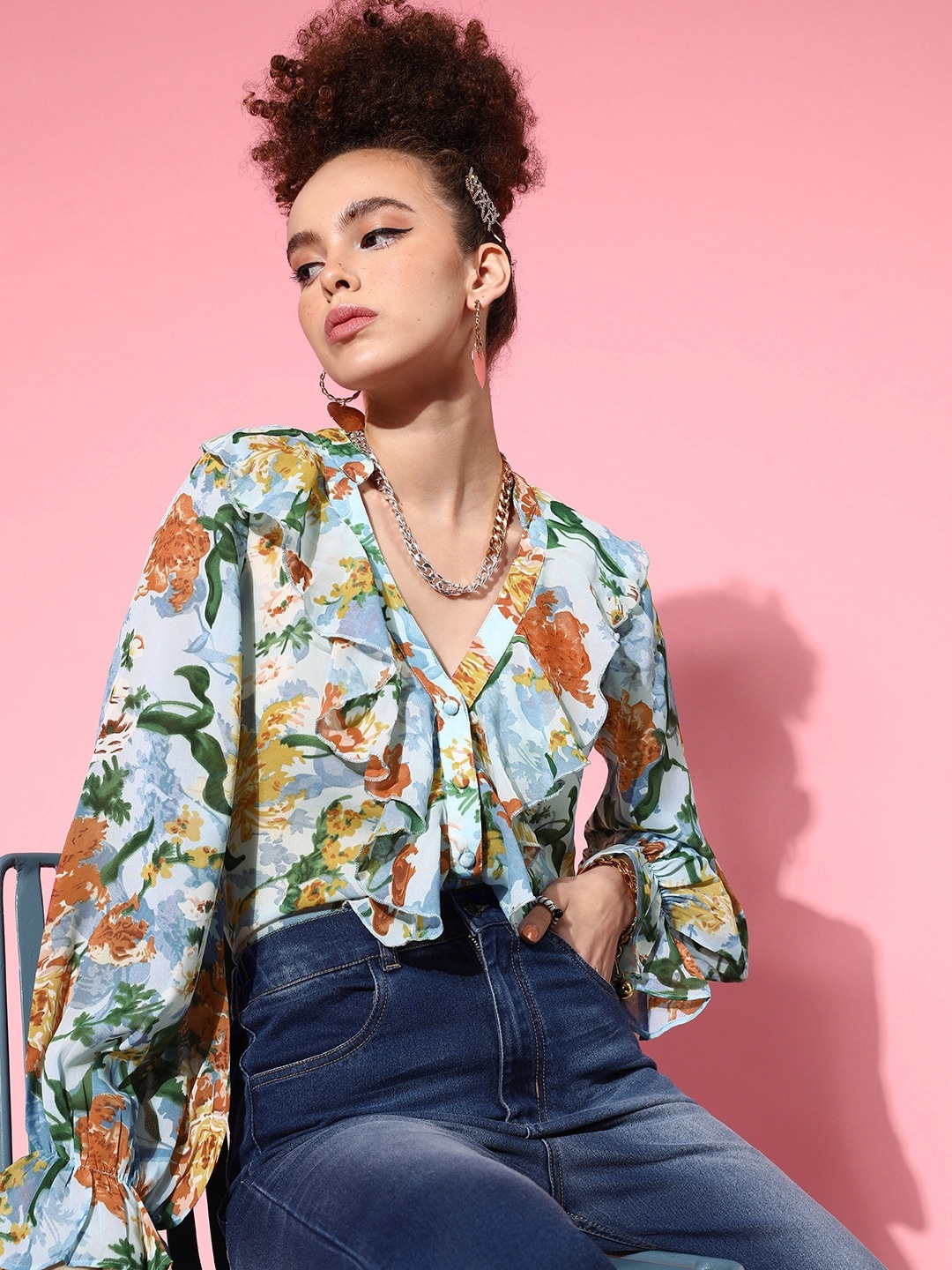 Berrylush Women Blue & Green Floral Print Ruffles Georgette Top