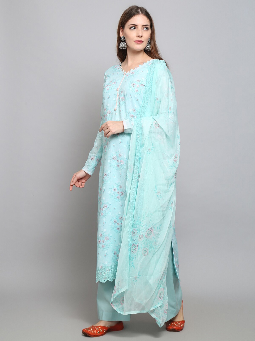 

Stylee LIFESTYLE Turquoise Blue & Pink Printed Unstitched Dress Material