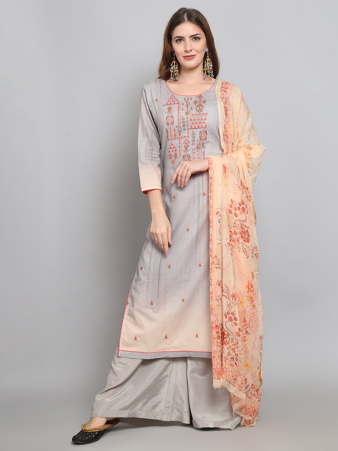 

Stylee LIFESTYLE Grey & Peach-Coloured Embroidered Unstitched Dress Material