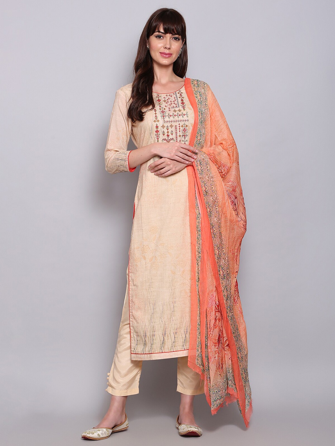 

Stylee LIFESTYLE Beige & Orange Printed Unstitched Dress Material