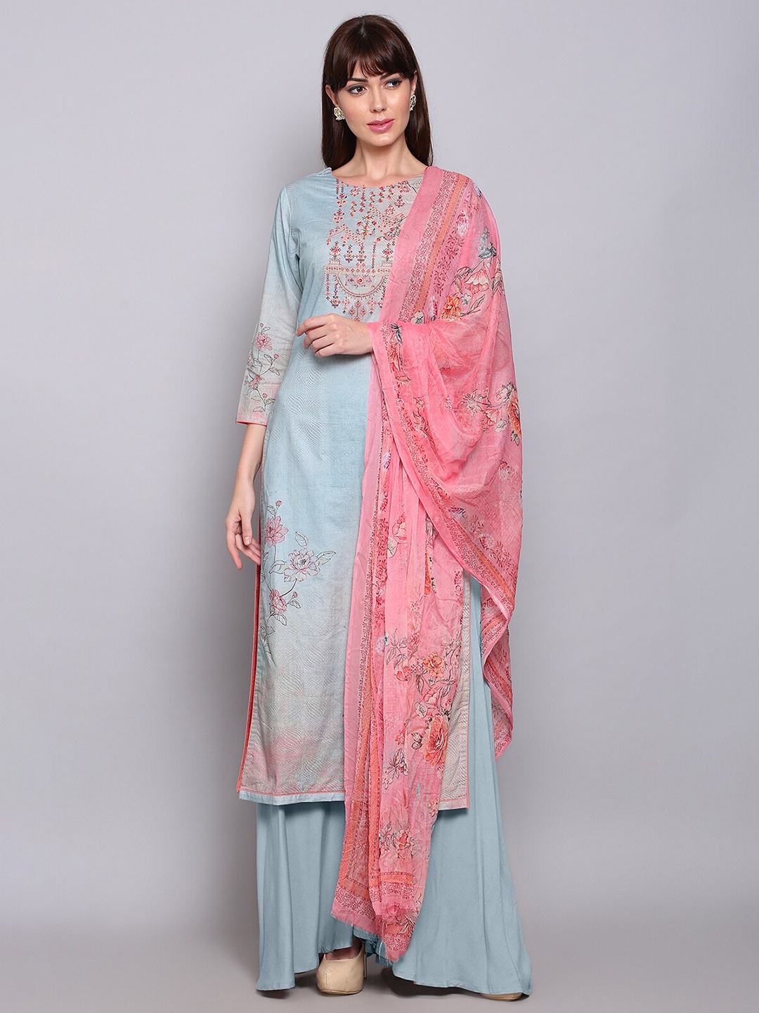 

Stylee LIFESTYLE Turquoise Blue & Pink Printed Unstitched Dress Material