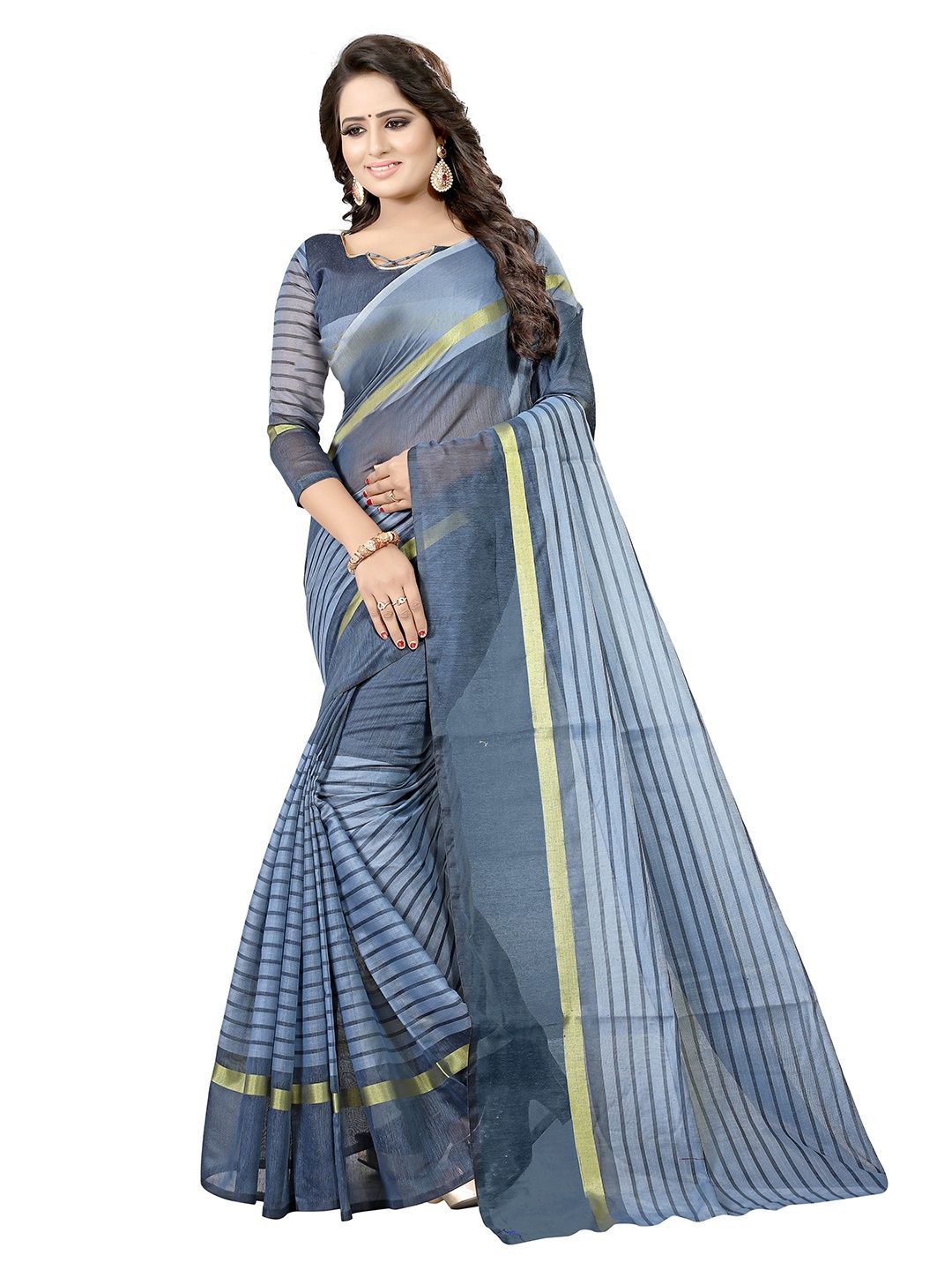 

SAADHVI Grey & Gold-Toned Striped Zari Saree