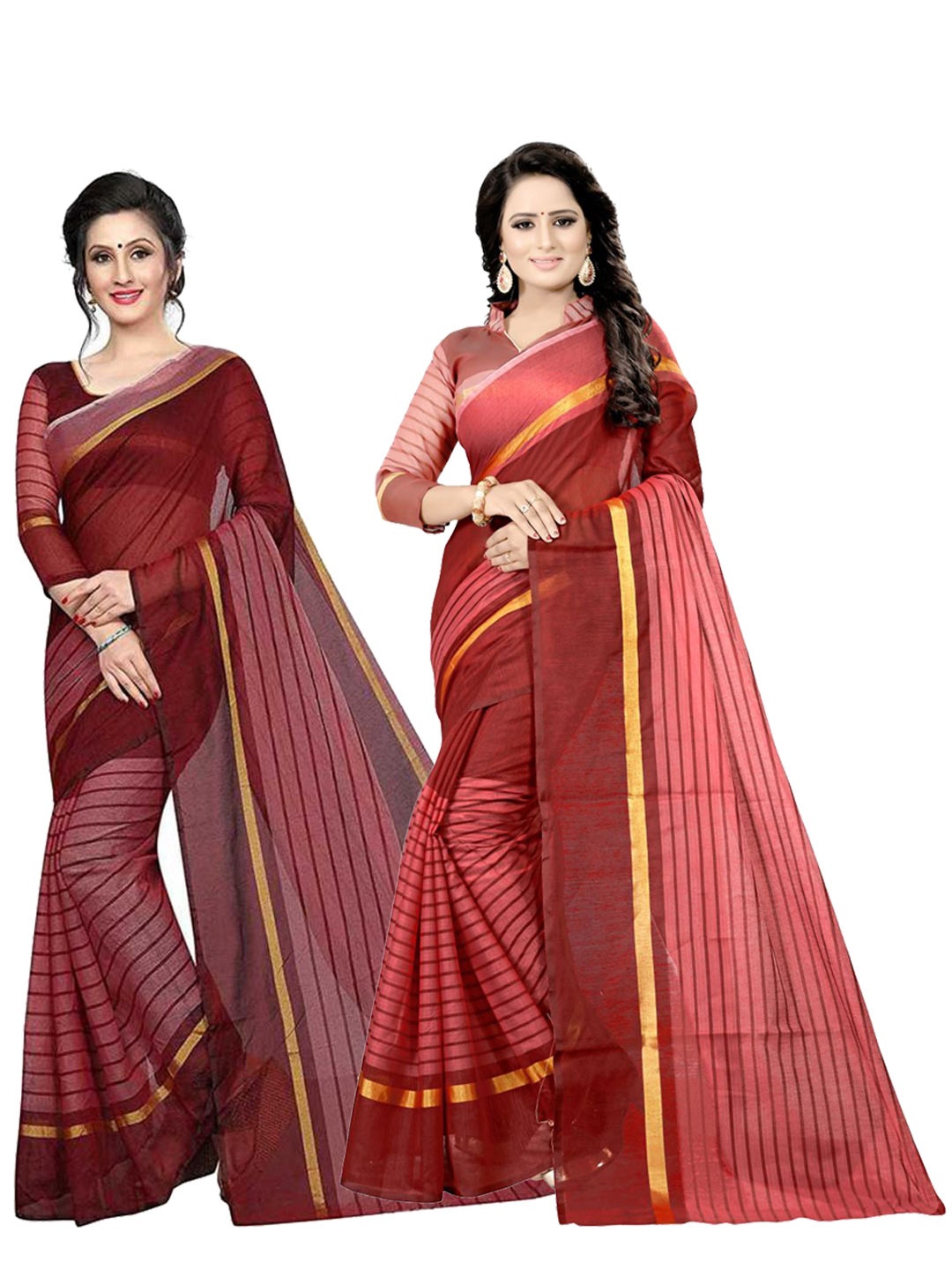 

SAADHVI Set of 2 Striped Cotton Silk Saree, Maroon